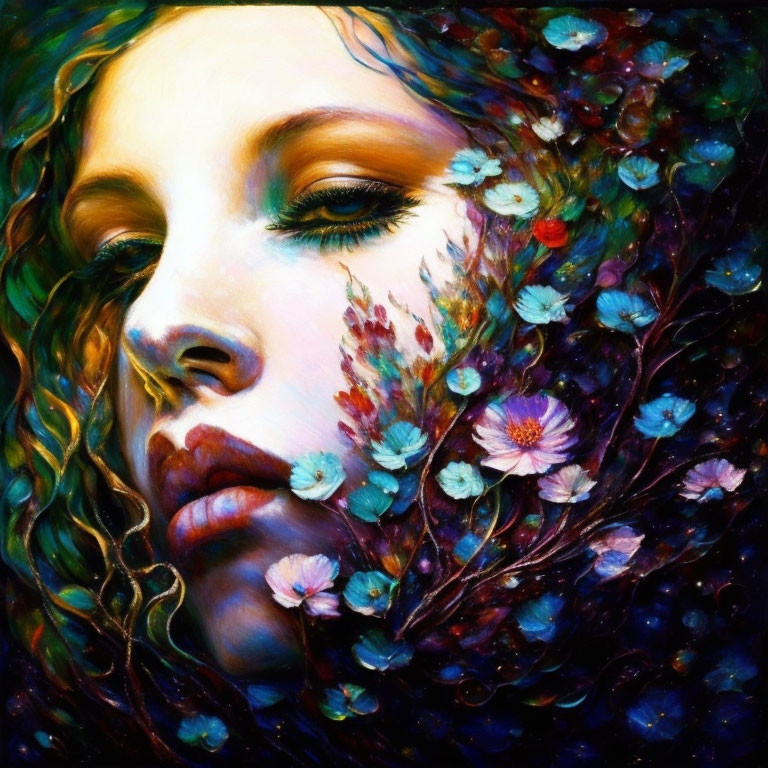 Colorful painting of woman with floral hair blending, dreamy effect