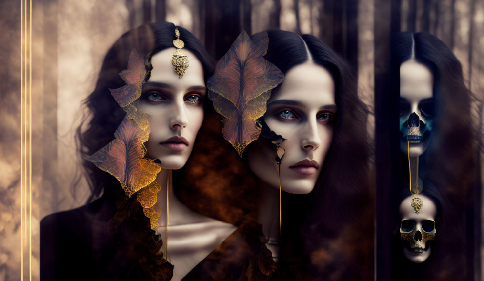 Composite Image: Woman's Face Transforming into Dark Figure with Skull in Autumn Forest