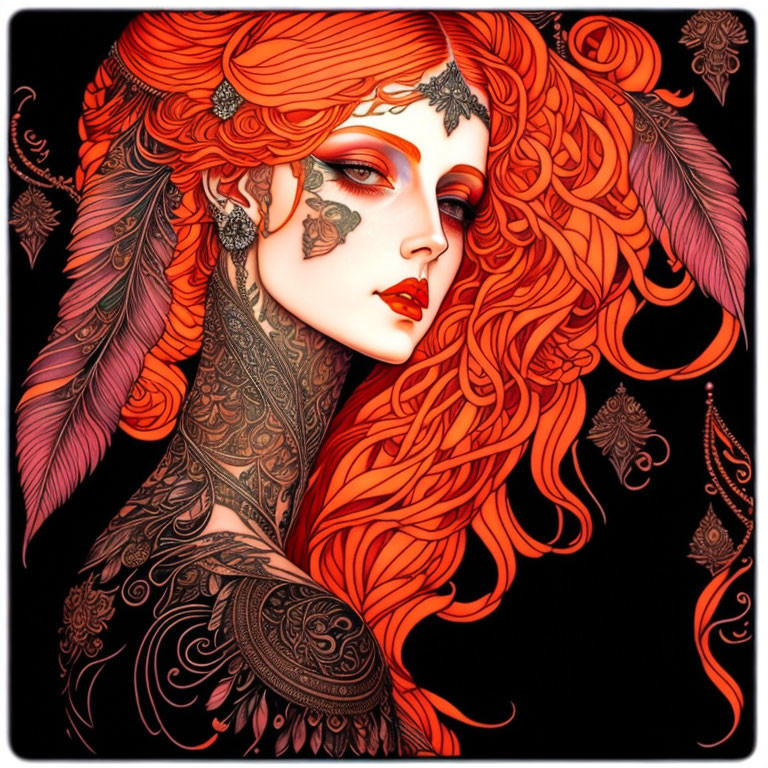 Vibrant red-haired woman with intricate tattoos and ornate jewelry