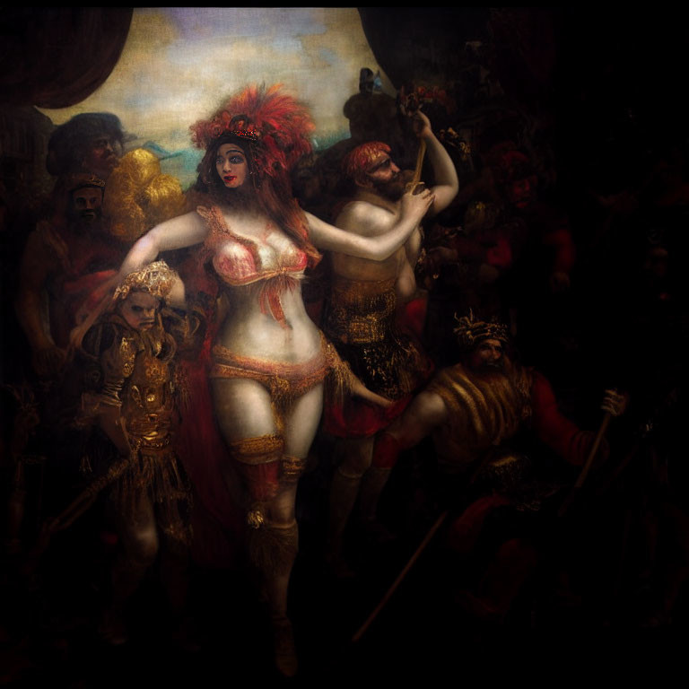 Fantasy-themed painting with female figure in red and white attire among armored warriors