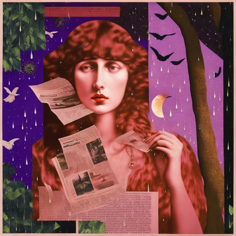 Surreal collage of woman with newspaper body and night sky elements