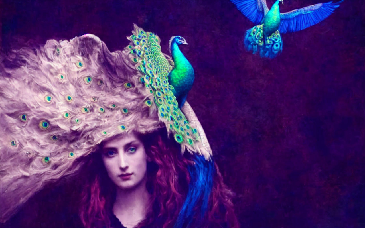 Surreal image: woman with peacock on shoulder, another flying, dark background