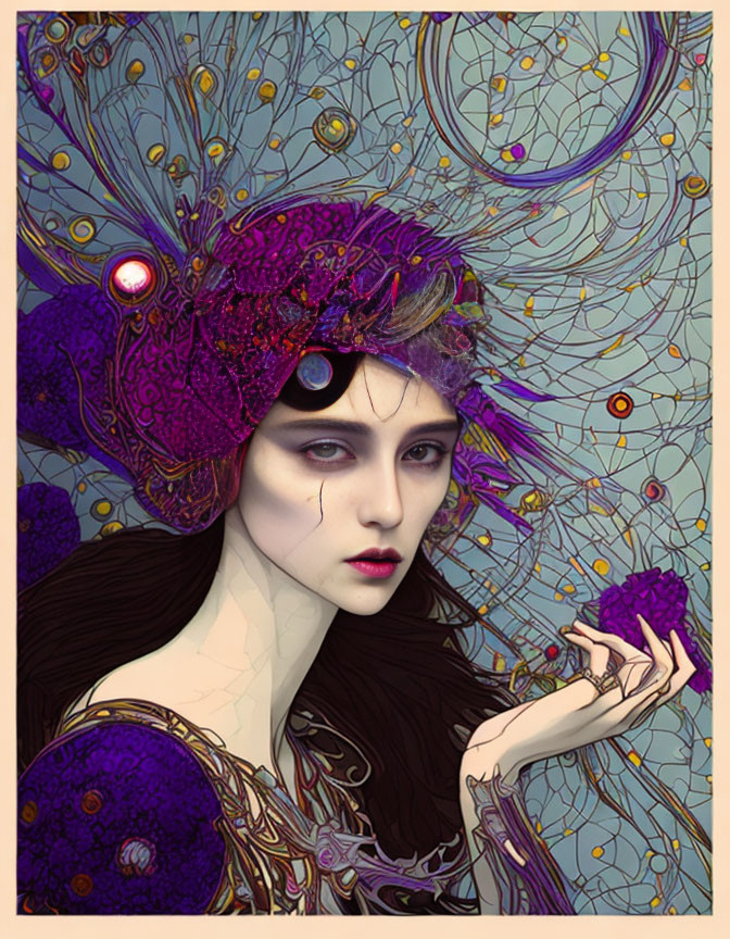 Surreal illustration of woman with purple headpiece holding match