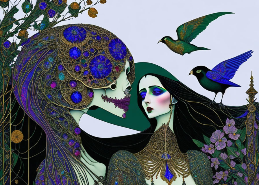 Gothic fantasy digital art: Skeleton, woman, peacocks & flowers