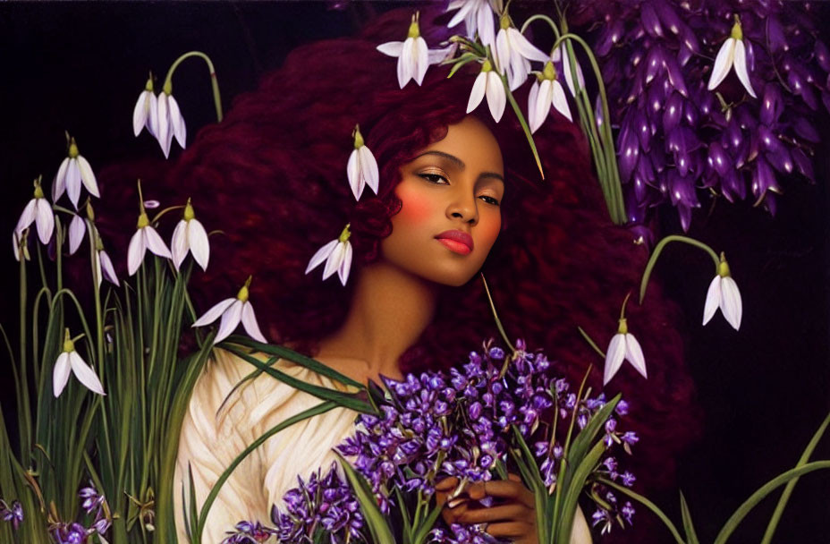 Red-haired woman with purple flowers and bouquet in serene setting