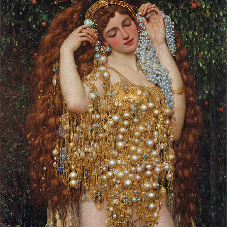 Woman with Long Wavy Red Hair in Opulent Gold and Pearl Headdress