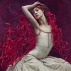 Elegant Figure in Flowing Gown with Red Ribbons