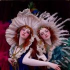 Two women in ornate historical costumes with ruffled collars and feathers in their hair.