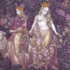 Two women in golden crowns and attire with a sheep in a floral setting.