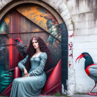 Vintage Green Dress Woman Poses with Vibrant Bird Mural