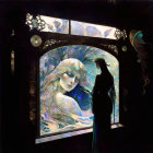 Ethereal woman with fish next to illuminated art nouveau aquarium