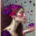 Surreal illustration of woman with purple headpiece holding match