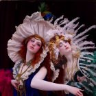 Three individuals with pale complexions and red hair in ornate white headdresses and period-style gowns