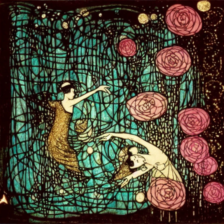 Art Nouveau Style Illustration of Two Figures Amongst Pink Roses on Dark Teal Background