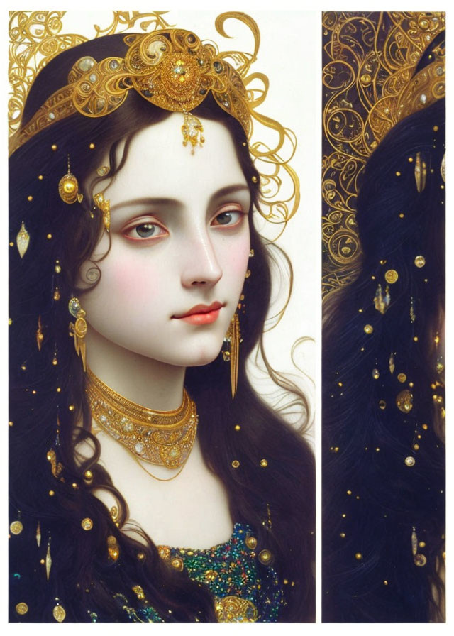 Illustration: Woman with Gold Jewelry in Hair and Dark Hair Adorned with Gold Accents