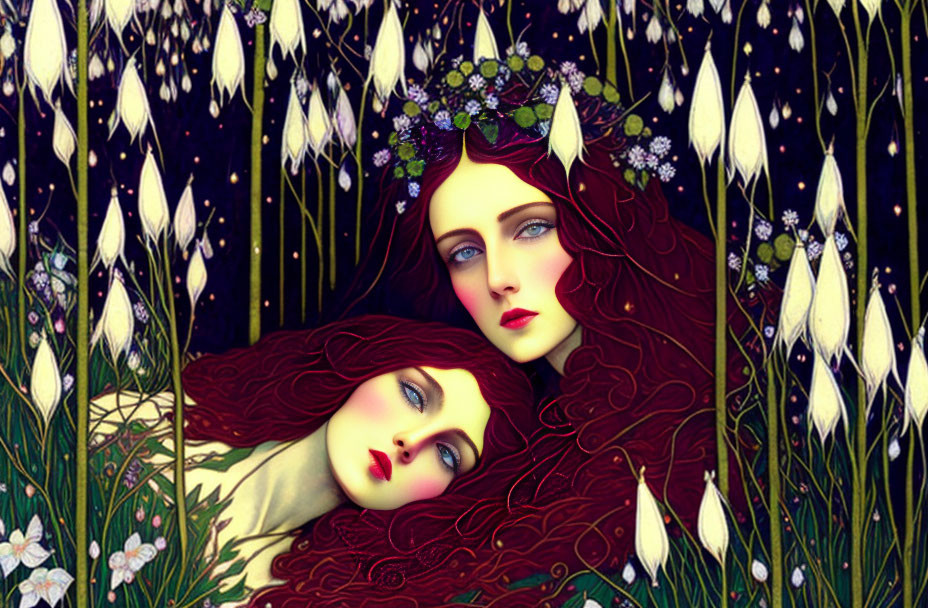 Illustration: Two Red-Haired Women with Floral Crowns Among Snowdrops on Starry Night