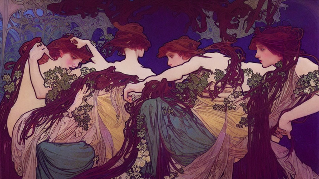 Ethereal female figures intertwined with nature and grapevines in Art Nouveau illustration