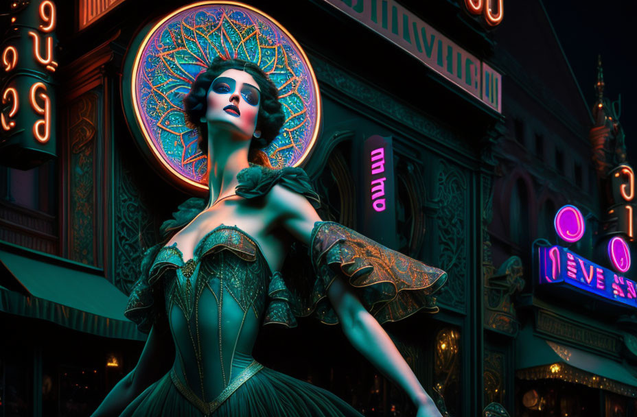 Woman in dramatic vintage dress poses theatrically with illuminated signs