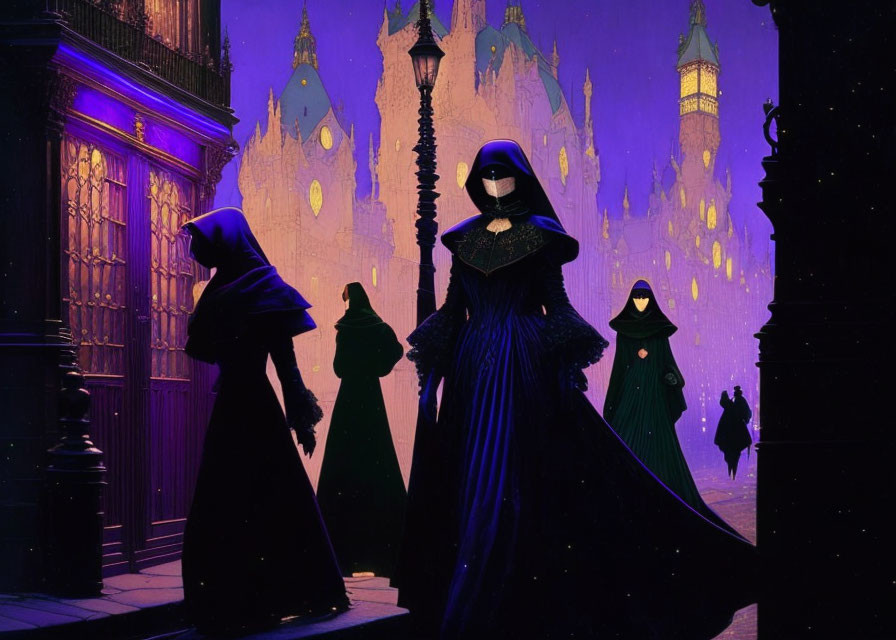 Three robed figures in neon-lit gothic cityscape at night