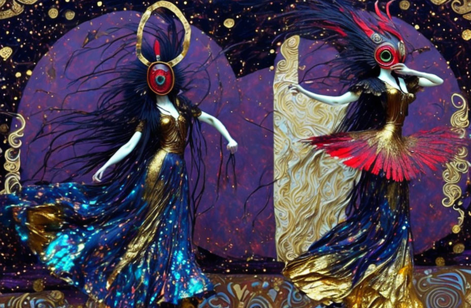 Colorful bird-like figures in feathered costumes on ornate star background