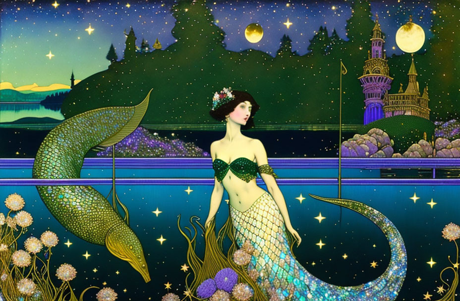 Mermaid with Glittery Tail in Night Sky with Castle and Stars