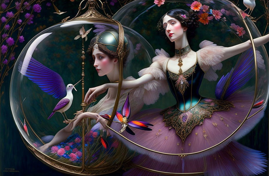 Fantastical artwork of elegant women with avian features in a translucent sphere