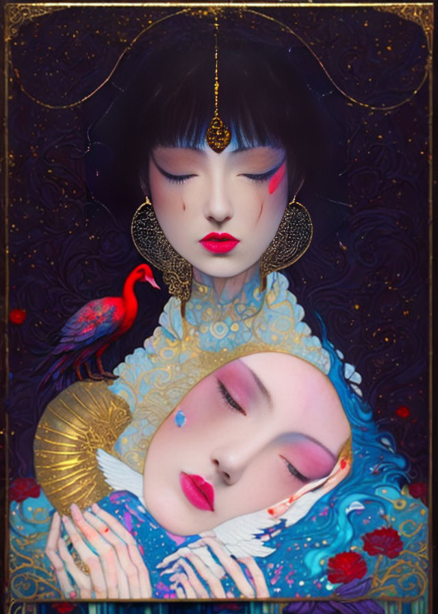 Stylized illustration of two women with ornate makeup and jewelry