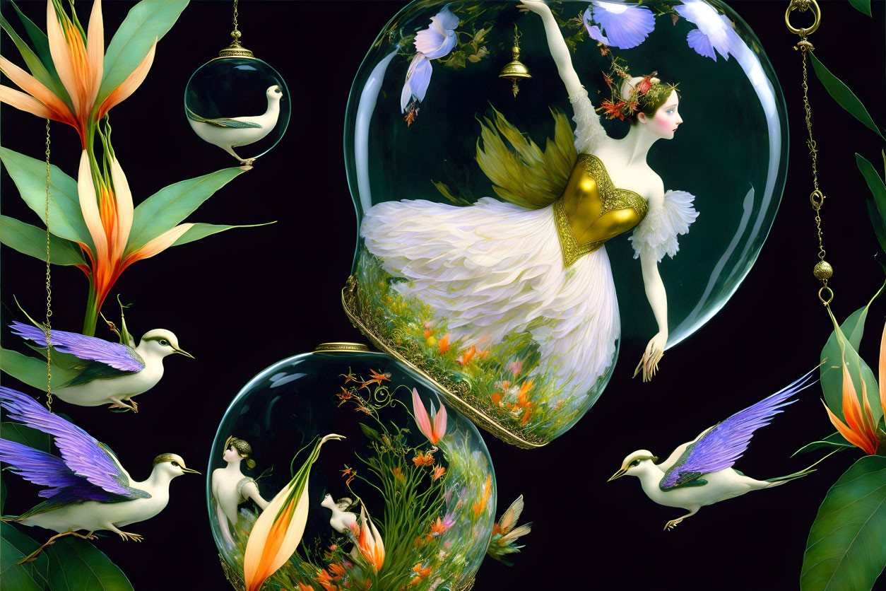 Woman in white and gold attire in transparent bubble surrounded by vibrant plants and birds.