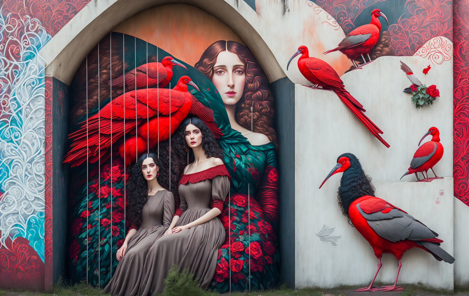 Vintage Dresses: Women Pose by Vibrant Mural with Red Ibis Birds