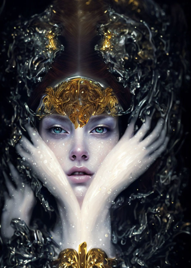 Fantasy portrait featuring person with blue eyes and golden headwear on dark background