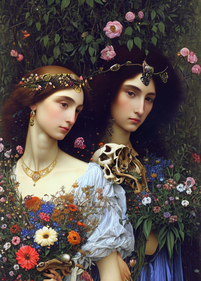 Two women in ornate jewelry surrounded by flowers, one in white and the other in blue, g