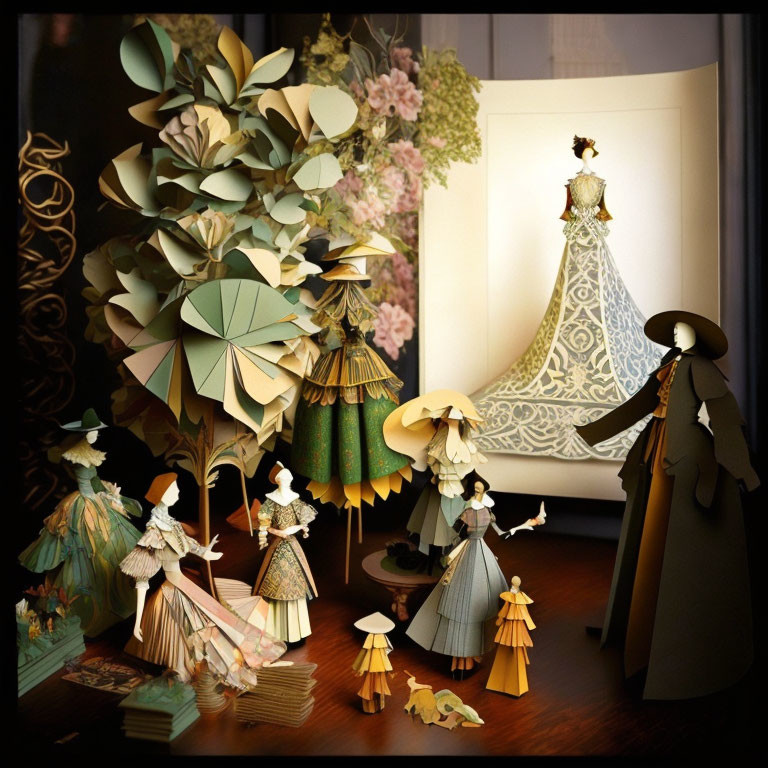 Intricately Folded Paper Art: Dresses, Hats, and Flowers Displayed in Vintage Setting