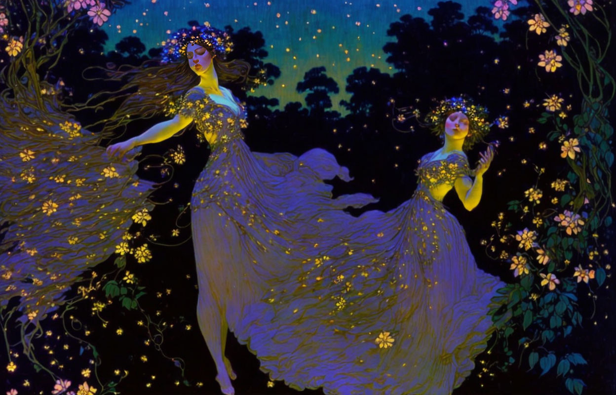 Ethereal women in floral dresses under starry night sky