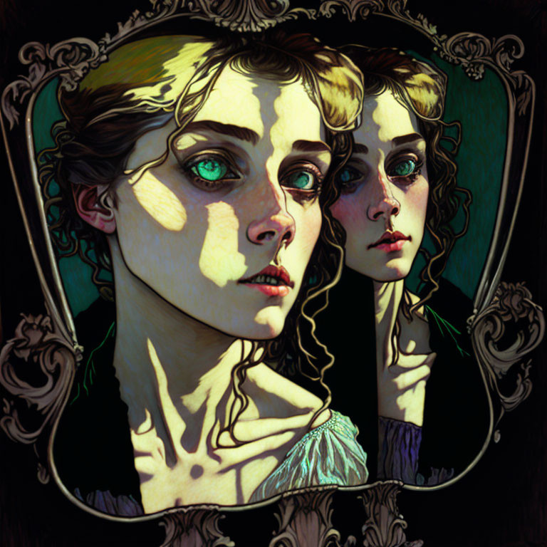 Stylized portrait of a woman with green eyes and double reflection framed by dark floral patterns