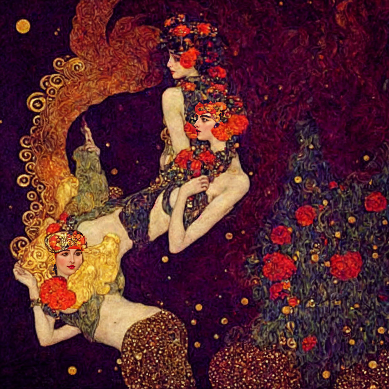 Two women with flowing hair and floral adornments in Art Nouveau style