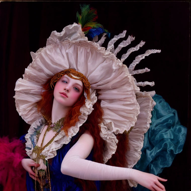 Red-haired person in white ruffled headgear with blue and gold attire on dark background