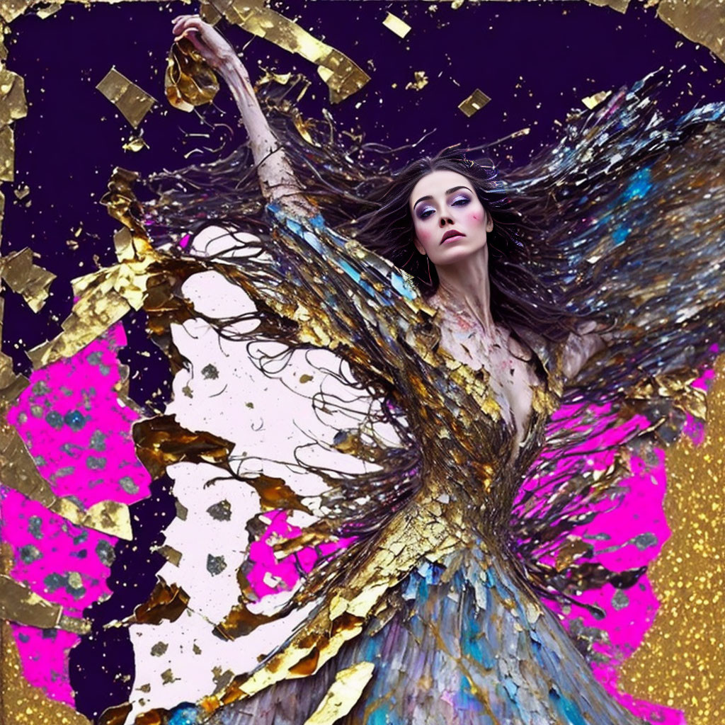 Extravagant gold and purple dress woman twirls with dynamic hair and dress details