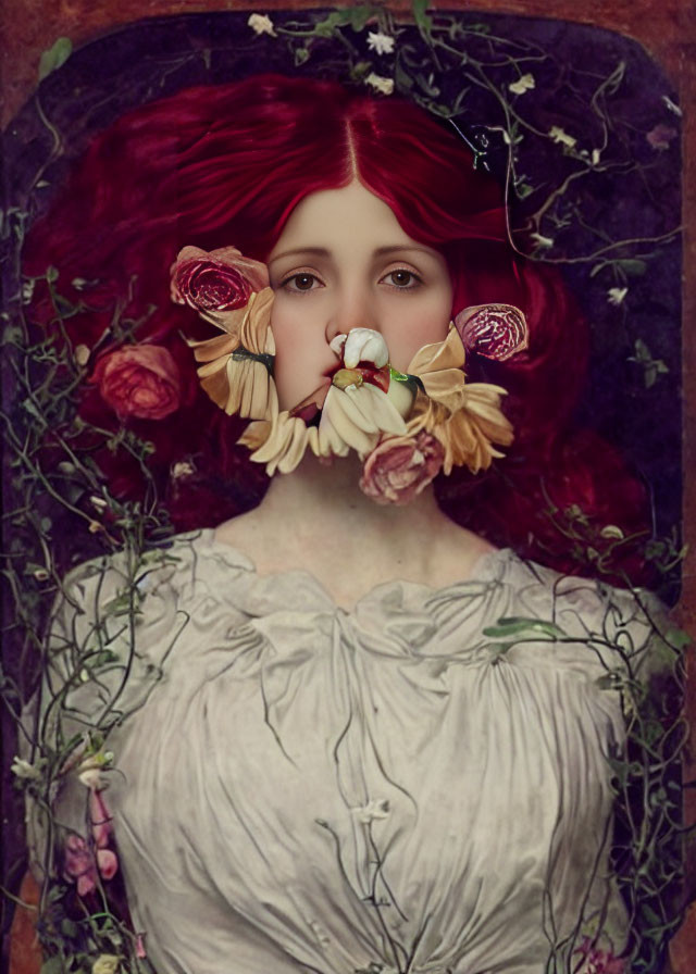 Vibrant red-haired woman in classical setting with flowers and foliage