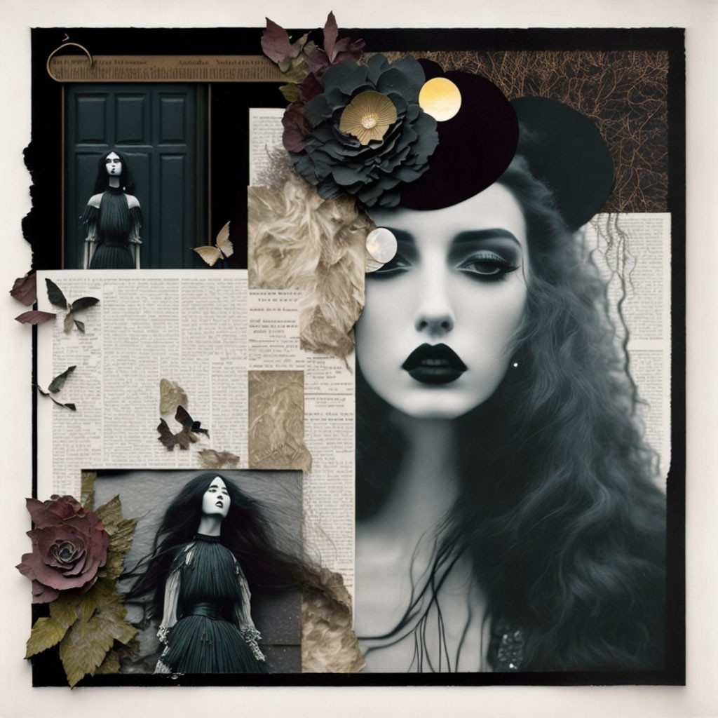 Monochrome Woman with Dark Makeup in Collage Art