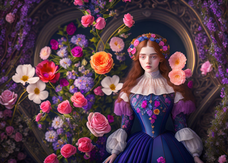 Victorian woman in floral headpiece surrounded by floating flowers on decorative backdrop