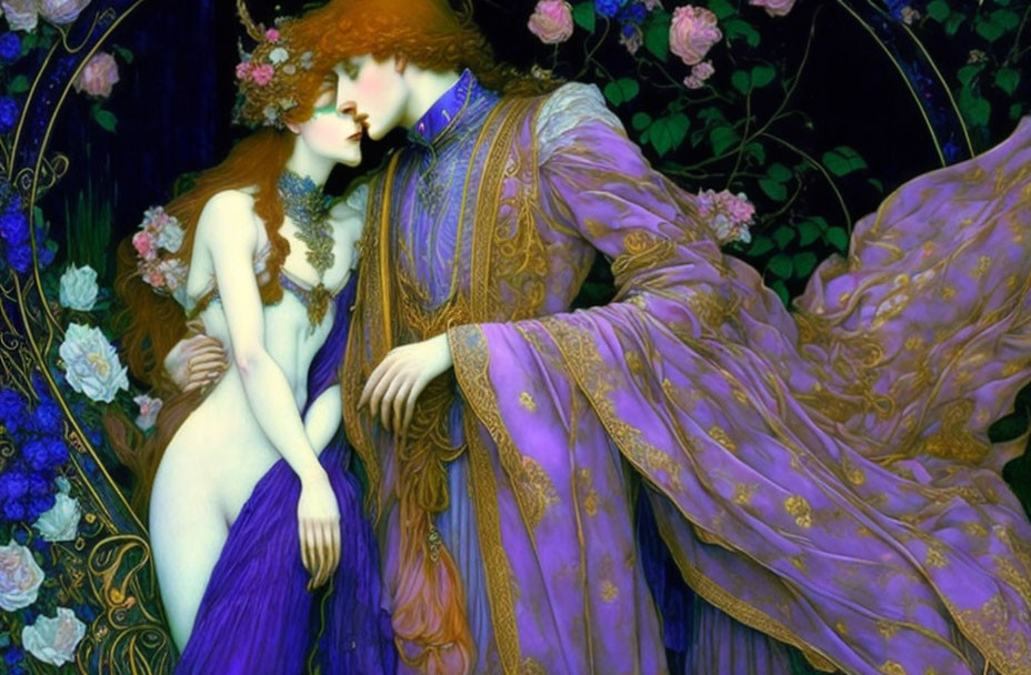 Ethereal figures embracing in purple robes amidst enchanting roses