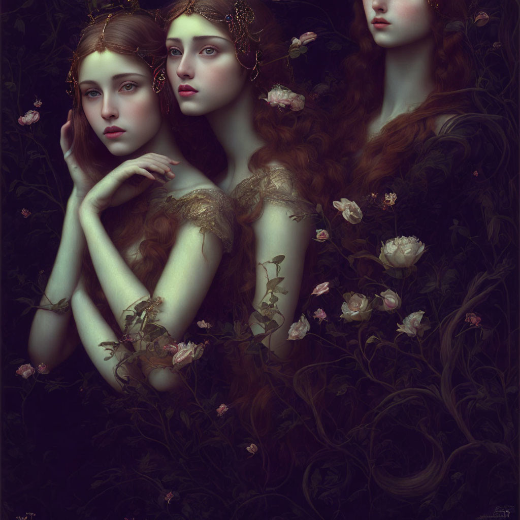 Ethereal women with flowing hair in dark foliage and pink flowers