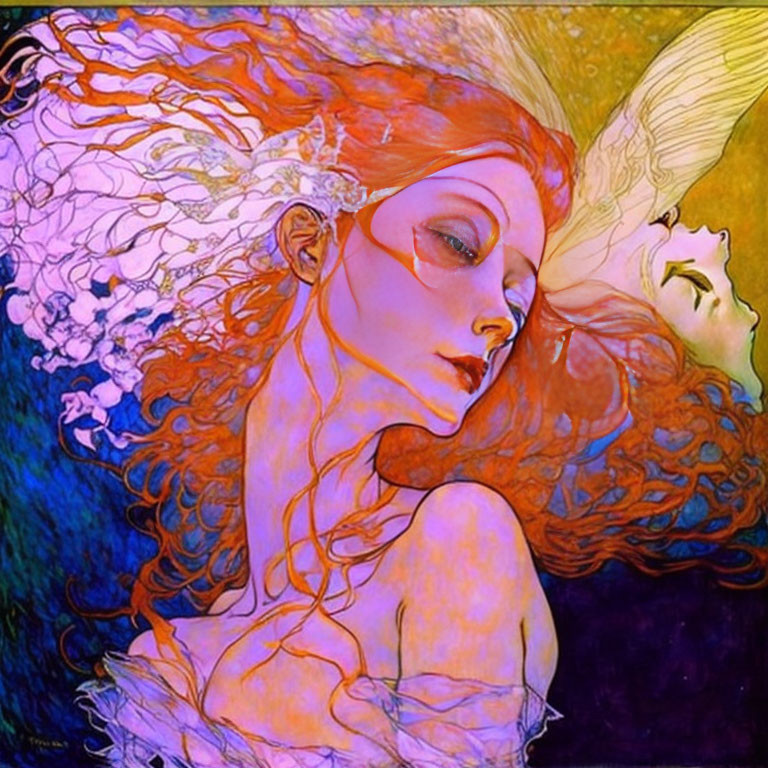 Vividly colored fantasy art: Two ethereal women with flowing hair