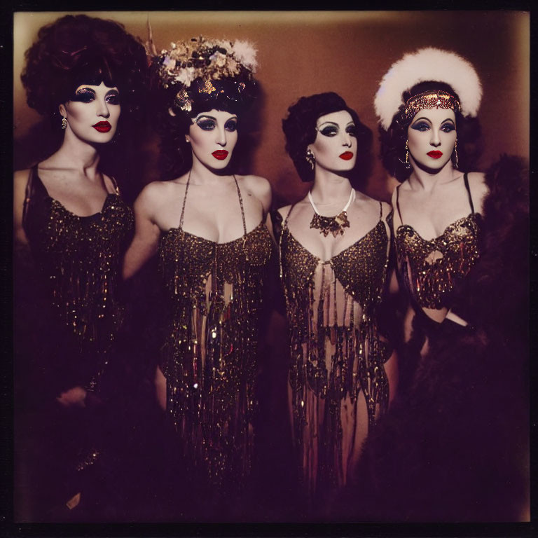 Four individuals in glamorous drag makeup and sequined costumes on dark background