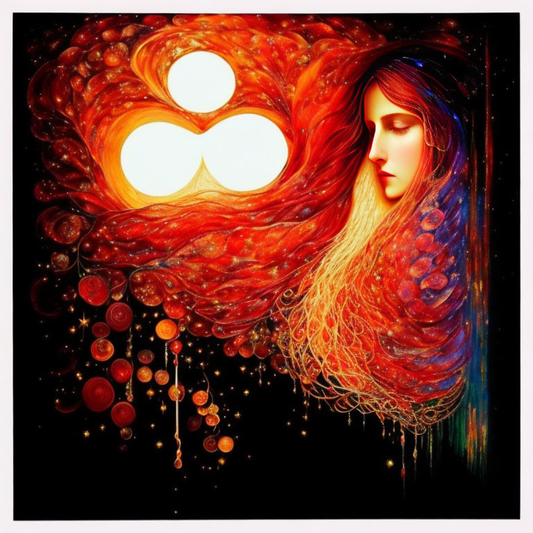 Woman with Flowing Hair Merging with Cosmic Scene and Warm Colors