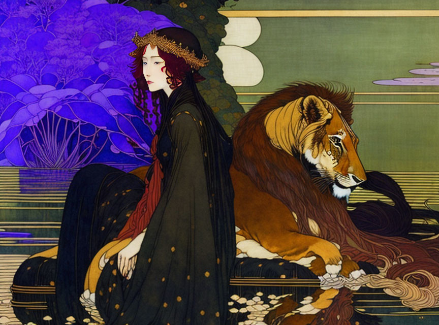 Illustrated red-haired woman with lion in dark cloak and purple flower backdrop