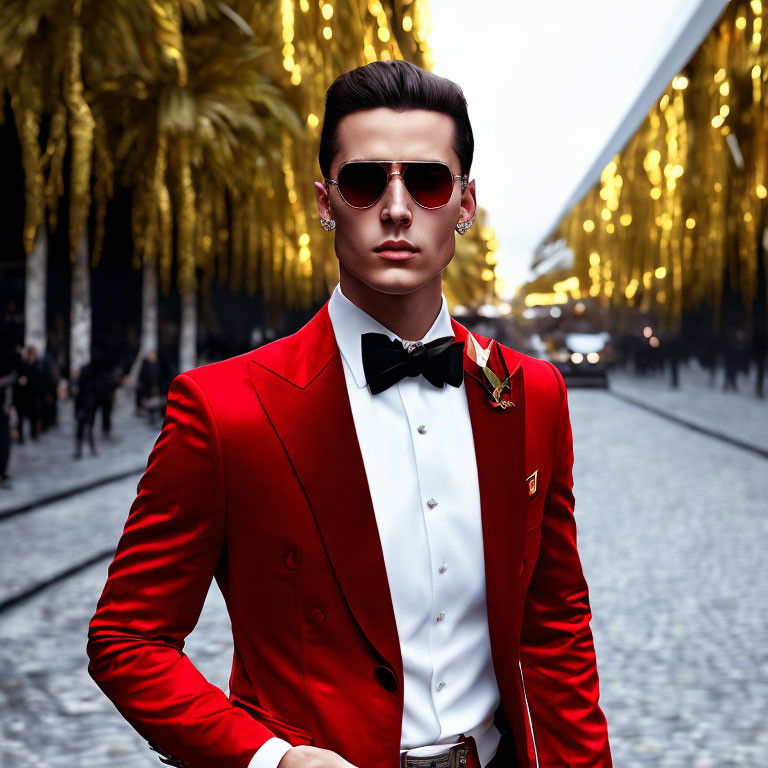 Fashionable man in red suit jacket and bow tie, sunglasses, handkerchief, and bouton