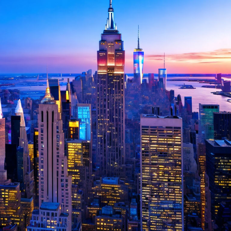 Illuminated New York City skyline at dusk with purple-orange sky