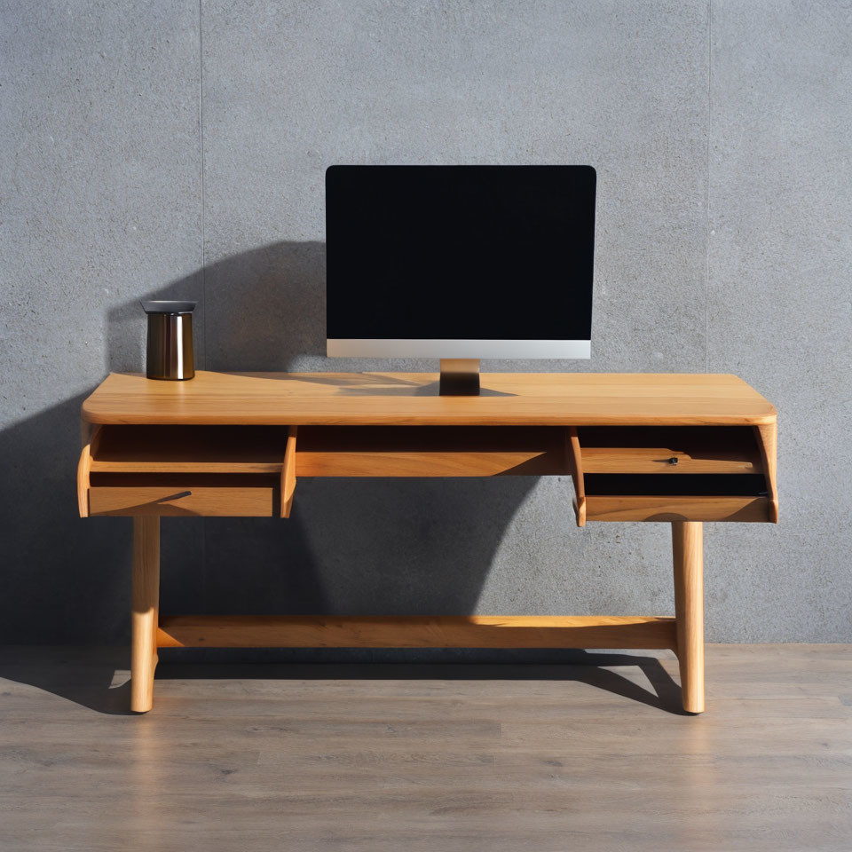 Wooden Desk with Curved Edges, Open Drawer, Blank Monitor, Stainless Steel Tumbler