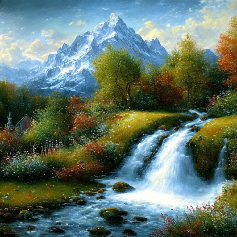 Scenic painting of waterfall, autumn trees, snow-capped mountain